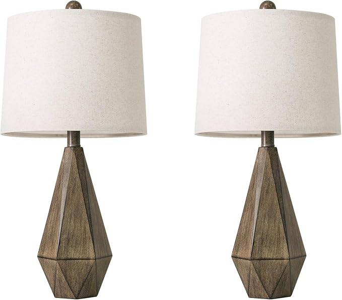 PoKat 23.5'' Table Lamps Set of 2 for Bedroom, Farmhouse Nightstand Lamps for Living Room, Rustic Bedside Lamps with Linen Lampshade for Side Table Office Hallway Entryway Dark Wood-Like (Brown)