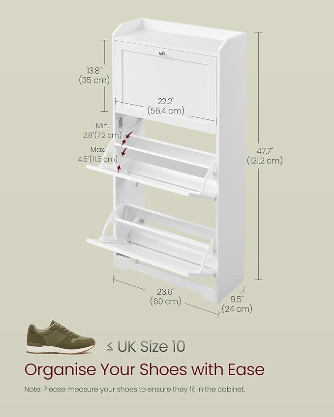 VASAGLE Shoe Cabinet with 3 Flip Drawers, Shoe Organizer, Adjustable and Removable Dividers, Holds 12-20 Pairs, Entryway, 9.4 x 23.6 x 47.7 Inches, Cloud White ULBC036WB02S