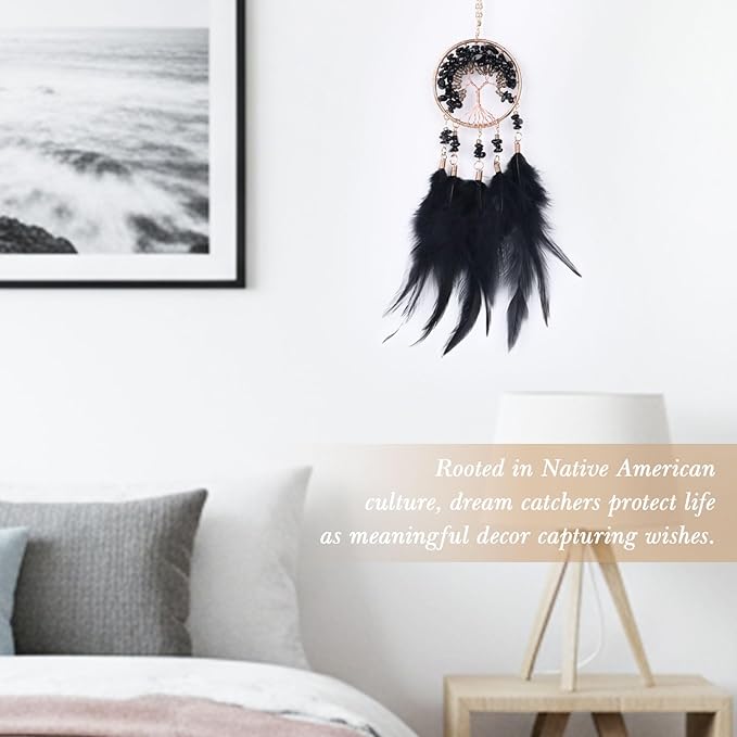 Pretty Jolly Small Tree of Life Crystal Stone Dream Catchers Black Feathers Mini Dreamcatchers for Cars Rear View Mirror Hanging Decoration Good Luck Travel Charm Bedroom Ornaments for Women Girls