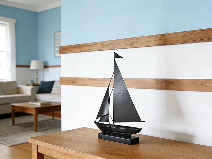 Retro Metal Sailboat Decor, Iron Nautical Sculpture for Home, Vintage Boat Figurine for Living Room Table, Office Desk, Bookshelf, Coastal Style Decoration (Dark Gray)