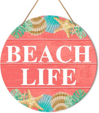 Beach House Sign Wall Decor, Summer Beach Hanging Sign Decor Farmhouse Wall Decorations Seashell Wood Sign for Front Door, Patio, Porch, Bathroom, Housewarming Gift for Beach House Home, Beach Life