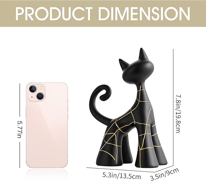 Octdays Modern Cat Statue Decor, Matte Black Abstract Cat Figurine with Hand-Painted Lines, Unique Resin Sculpture for Living Room, Bookshelf, Office, Minimalist Home Decor Gift for Cat Lovers