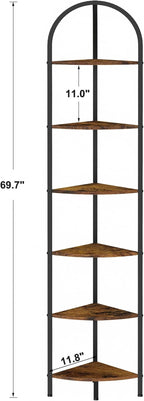 Homhedy 6-Tier Arched Corner Shelf Stand, Wall Corner Bookshelf with Metal Frame, Plant Stand, Industrial Storage Rack Shelf for Living Room, Bedroom, Office, Bathroom, Rustic Brown and Black