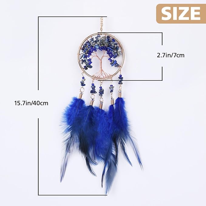Pretty Jolly Small Tree of Life Crystal Stone Dream Catchers Deepblue Feathers Mini Dreamcatchers for Car Rear View Mirror Hanging Decoration Good Luck Travel Charm Bedroom Ornaments for Women Girls