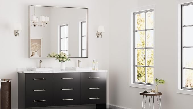 Keonjinn 48 x 40 in Brushed Nickel Bathroom Mirror, Rectangular Wall Metal Framed Vanity Mirror Square Corner Aluminum Alloy Modern Rectangle Wall-Mounted Mirror(Horizontal/Vertical)