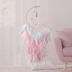 Dremisland Moon Dream Catcher with Fairy Lights-Handmade Feather Lucky Turquoise Pendant Beads Wall Hanging Ornament for Kids Bedroom Home Decoration,Art Craft Gift. (Pink&White)