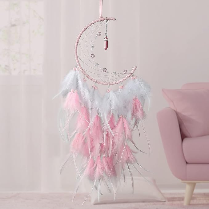 Dremisland Moon Dream Catcher with Fairy Lights-Handmade Feather Lucky Turquoise Pendant Beads Wall Hanging Ornament for Kids Bedroom Home Decoration,Art Craft Gift. (Pink&White)