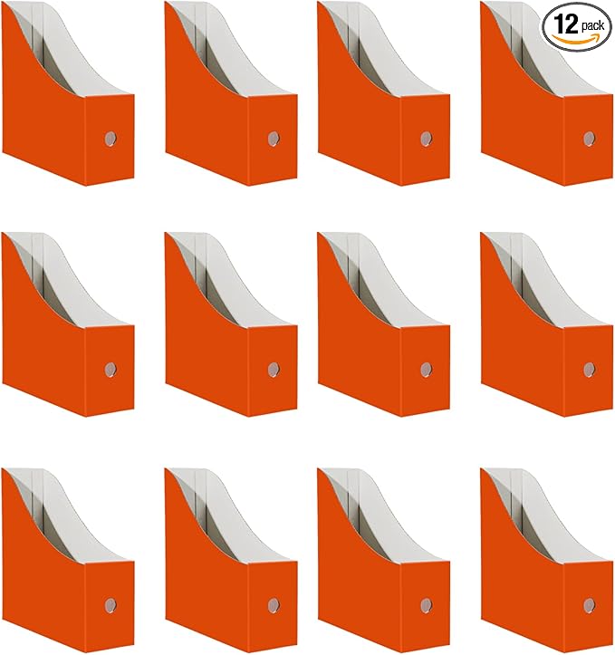 Limitliho 12 Pack Orange-Red Cardboard Magazine Storage Boxes, Vertical File Organizer Box for Desk or Shelves, Book Bins for Classroom,Office,Home(10.6" H x 10.2" L x 3.5" W in)