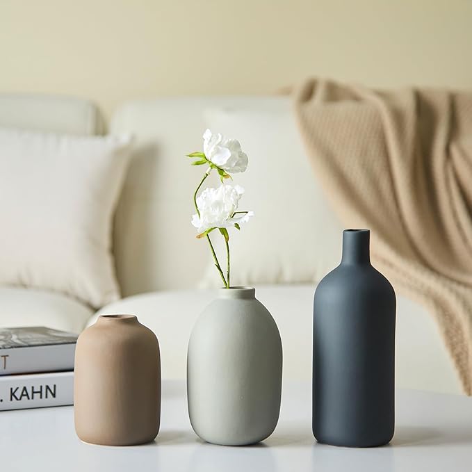 Ceramic Vase Set of 3,Neutral Modern Vases for Bouquet Pampas Grass Dried Fresh Flowers,Rustic Home Decor for Living Room,Bedroom Entryway
