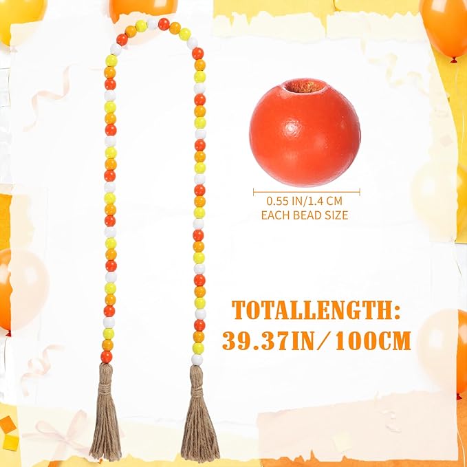 Equsion Seasonal Wooden Bead Garland with Tassels, 3.3 ft Holiday Vintage Boho Bead Garland Easter Tray Decoration, Vase Wall Room Art Birthday Party Decoration(Gradient Yellow)