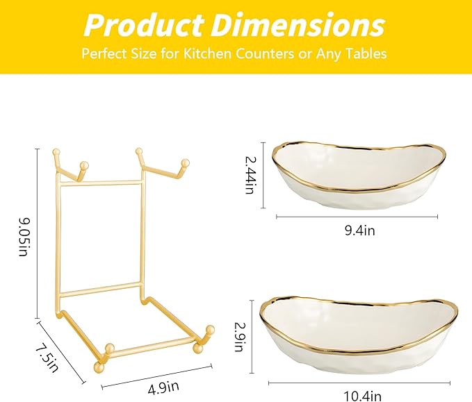 jessie 2 Tier Ceramic Fruit Bowl for Kitchen Counter with Metal Rack, Fruit Basket with Stand, Porcelain Bowls for Vegetable Bread Candy Snack Nuts Dessert Cake Tray (Gold 2 layer)
