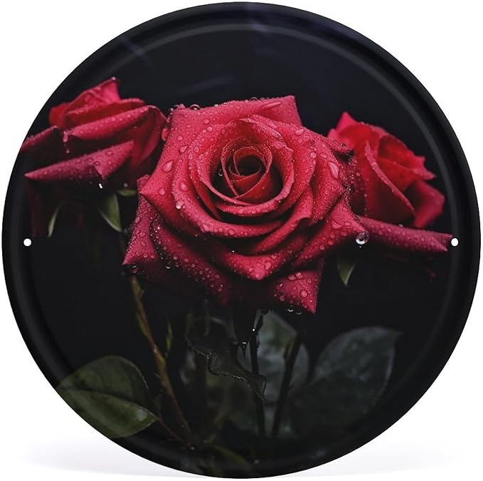 Wall Picture, with Red Rose and Black Leaves Printed Circular Iron Hanging Picture,Wall Art Decor,Home for Bedroom Living Room Bathroom Decor,Iron Painting 11.8X11.8 in
