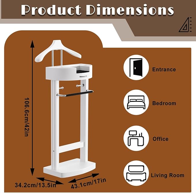 Wood Valet Stand with Tray, Clothes Valet Stand for Men, Suit Valet Stand with Sturdy Base, for Entryway, Bedroom, Office 17x13.4x41.96in