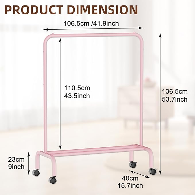 Rolling Clothing Racks for Hanging Clothes, Garment Rack for Clothes to Hang, Metal Portable Wardrobe Rack for Coats, Jackets, Shirts, Dress,Pink