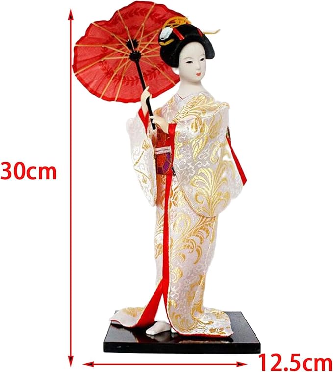 12inch Japanese Geisha Ethnic Japanese Geisha Dolls Oriental Ancient Kabuki Girl Statue Kimono Dolls for Tabletop Home Decor, White and Gold