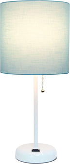 Oslo 19.5" Contemporary Bedside Power Outlet Base Standard Metal Table Desk Lamp in White with Aqua Drum Fabric Shade