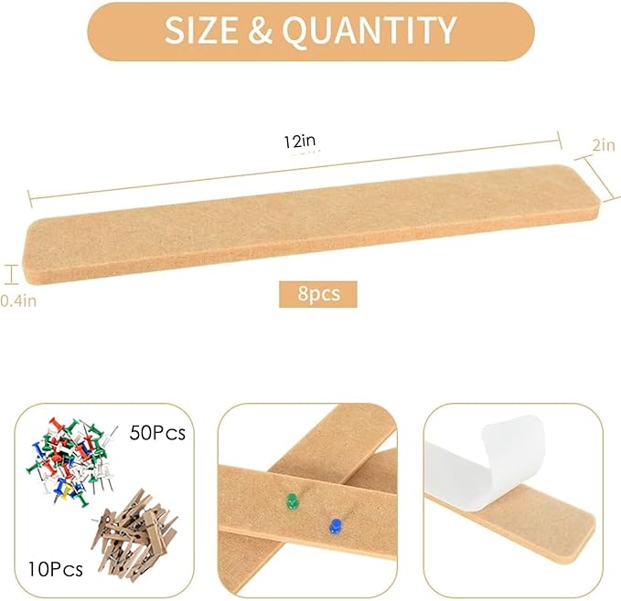 Vuzvuv 8 pcs Bulletin Board Bar Strips with 50 Pushpins & 10 Wooden Clip pins，Self Adhesive Cork Board for Wall，Felt Pin Board for School，Office Decor(Camel-Brown)