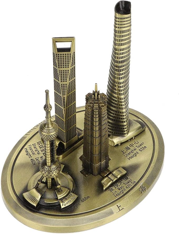 Shanghai Building Collection Model Set, Oriental Pearl Tower and Jin Mao Financial Center Souvenir, Electroplated Bronze Gold Metal Architecture Miniatures for Office Home Decor (Bronze-Large)