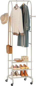 Garment Rack with Wheels,Small Metal Coat Rack With 4 Hooks,Freestanding Heavy Duty Clothing Rack with Shoe Shelves,Hanging Rod for Small Space,Bedroom,Entryway, Office, Living Room (White)