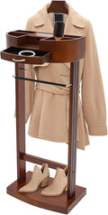 Wooden Suit Rack with Drawer, Valet Stand for Men & Women, Freestanding Clothing Valet Organizer with Wooden Shelf and Charging Port, Solid Birch & Iron Bronze, Holds 22 lbs, for Bedroom Office