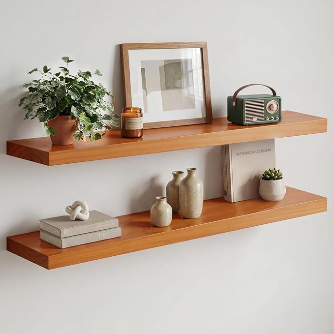 Homeforia Oak Floating Shelves 36 inches Long, High End Solid Real Wood 36 inch Floating Shelf for Room Wall, Honey Oak Wooden 36inch Kitchen Shelves, Heavy Duty Bracket, 36 X 6.5 X 1.75 in, Set of 3