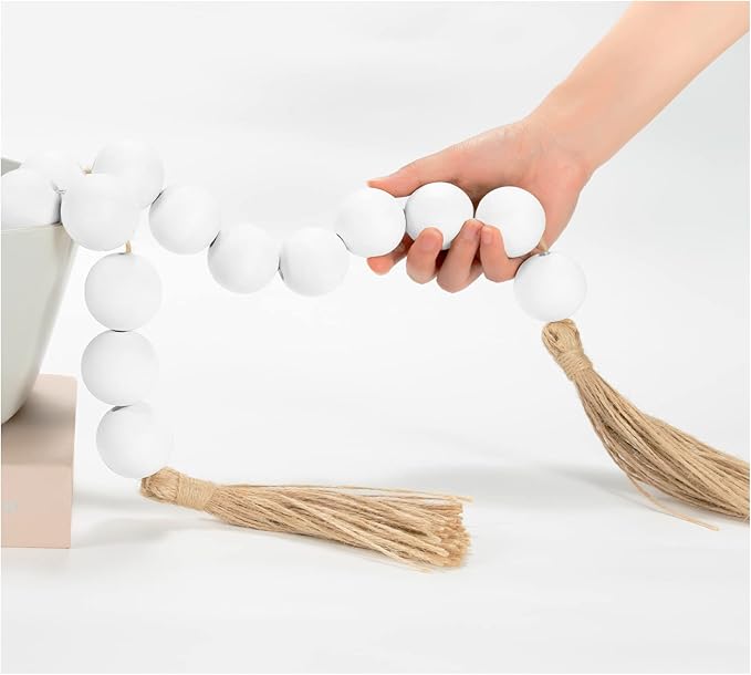 OMISHE 76" Long Extra Large Wood Bead Garland with 1.6" Diameter Wooden Beads and Tassels, Rustic Farmhouse Country Decorative Beads for Home Tiered Tray Decor, White