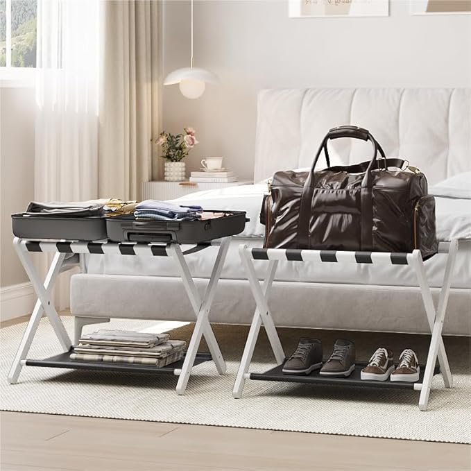 2 Pack Luggage Rack, Folding Luggage Rack for Guest Room, White Bamboo Suitcase Stand Holds up to 131 lb, Luggage Stand with Storage Shelf for Hotel, Bedroom
