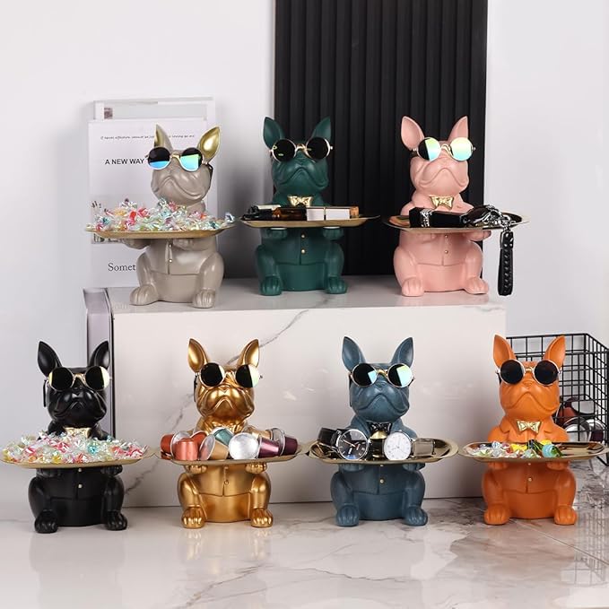 French Bulldog Gifts Statue Tray Organizer for Keys, Candy, Jewelry, Earrings, Entrance Piggy Bank - Modern Decor Pink Resin French Bulldog Decor Entryway Table, Coffee Table, Office Desk, Home Decor