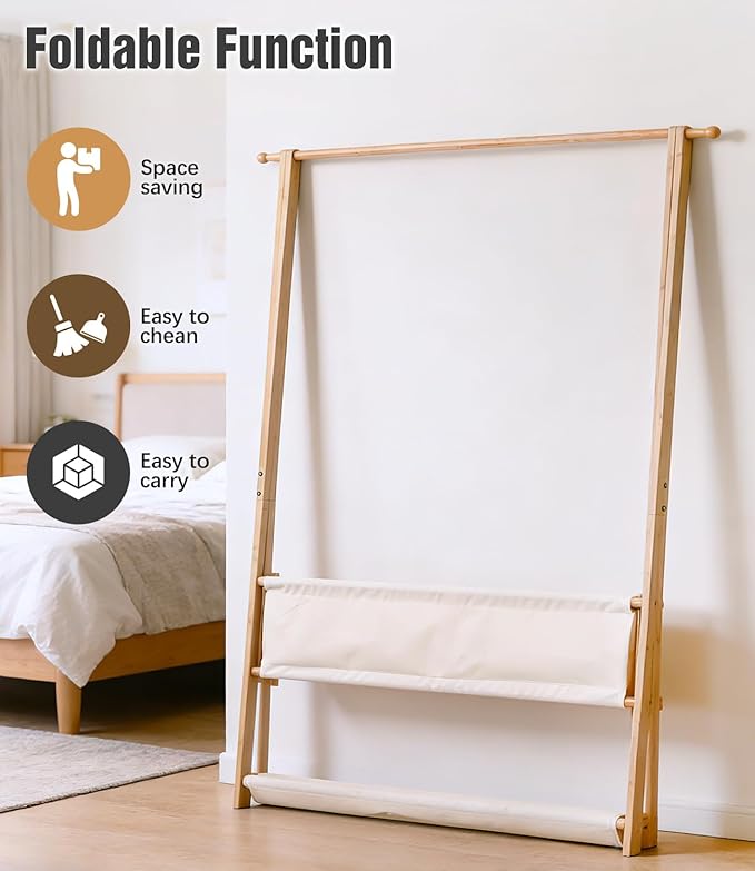 Bamboo Clothes Rack with Storage Box and Storage Shelf, Portable Extra Large Garment Rack Clothing Rack, Foldable Wardrobe For Entryway and Bed Room (L - 47.2 Inch)