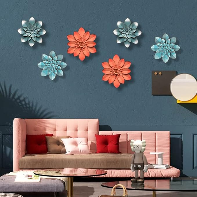 Blue Metal Flower Wall Art Decor, 9.5“ Rustic Modern Floral Sculpture, Distressed Hanging Home Decoration Accent Artworks for Indoor Bedroom Living Room Office Outdoor Garden Patio