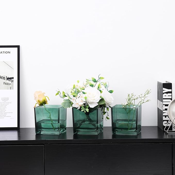 Square Glass Vases Set of 6, 4" x 4" x 4" Square Flower Vases for Centerpieces, Green Vase for Flowers, Small Vase for Wedding, Party, Home Office Decoration