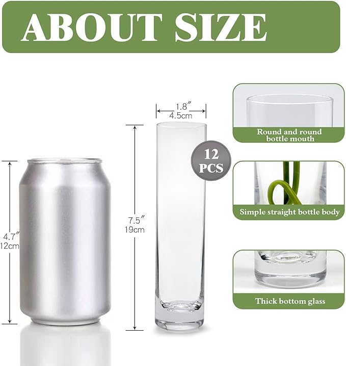 Glass Cylinder Bud Vases for Centerpieces, Set of 12 Clear Small vases,Handmade Slim Flower Vases Wedding Table Decor for Single Rose vases Bulk, Home Aesthetic Desk Decor, Party Decorations,7.5"