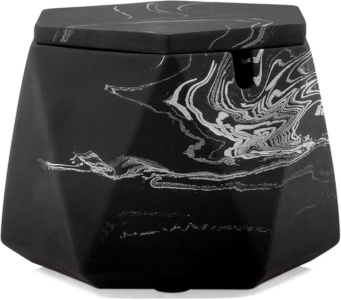 FREELOVE Concrete Ashtray with Lid & Stainless Steel Ashtrays for Cigarettes, Cement Ash Tray Smoking Holder Indoor Smokeless Outdoor Windproof Patio Home Office Cool Decor(Black-White, Large)