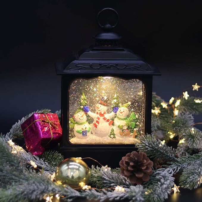 Wondise Christmas Musical Snow Globe Lantern with 6 Hour Timer, 11.2 Inch USB Plug-in & Battery Operated Spinning Water Glitters Lighted Snow Globe Lantern Christmas (Snowman Family)