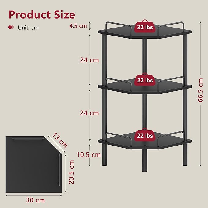 Tajsoon Corner Shelf Stand, 3 Tier Industrial Corner Shelves, Multipurpose Standing Display Shelf, Corner Shelving Unit for Bedroom, Living Room, Office, Kitchen, Black