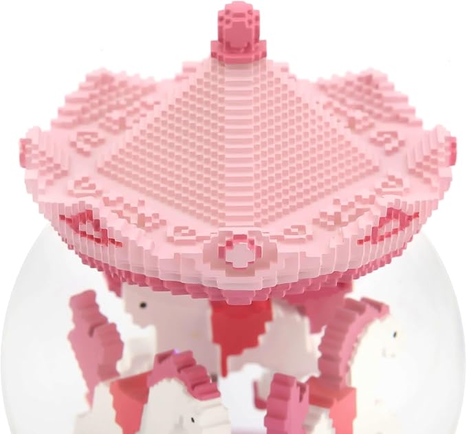 Pixel-Design Carousel Snow Globe Music Box, Compact Decorative Gift for Collectors and Home Accents, Subtle Pink Edition, Plays Toyland Melody