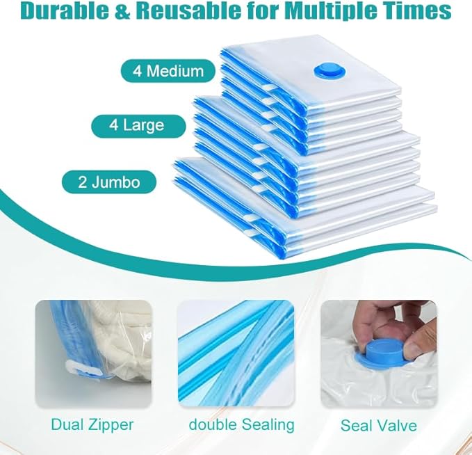 Vacuum Storage Bags, 10 Pack with Electric & Manual Pump, Space Saver Compression Bags for Clothes, Blue and White, Nylon, 4 Medium 4 Large 2 Jumbo, (Hand Pump)