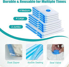 Vacuum Storage Bags, 10 Pack with Electric & Manual Pump, Space Saver Compression Bags for Clothes, Blue and White, Nylon, 4 Medium 4 Large 2 Jumbo, (Electric Pump)