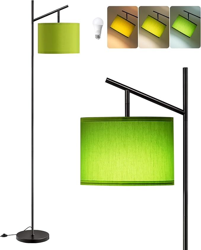 EDISHINE Modern Floor Lamps for Living Room, 64.7" Minimalist Standing Lamp with 3 Color Temperatures Bulb & Adjustable Linen Shade, Foot Pedal Switch, Arc Tall Lamp for Office Bedroom, Green Shade