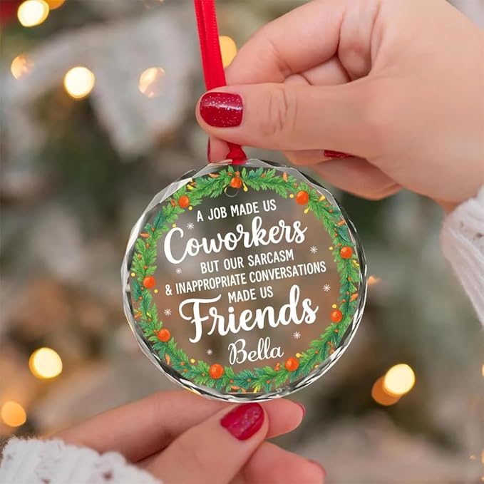 BSQUIELE Personalized Coworkers Glass Ornament 2025 - Friendship Gift for Work Bestie, Work Friends, Best Friends - Funny Coworker Appreciation Keepsake - Unique Xmas Tree Hanging Decoration