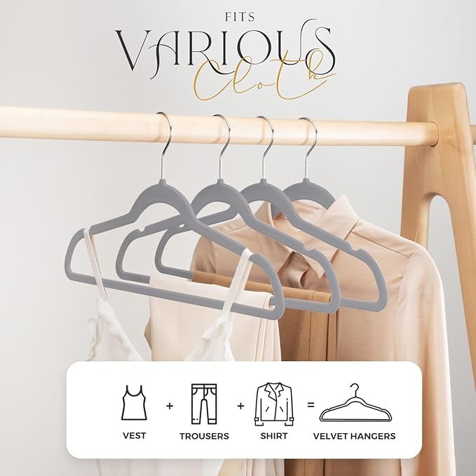 HOUSE DAY Premium Velvet Hangers 100 Pack Grey, Non-Slip Flocked Felt Hangers, Sturdy Clothes Hanger with 360° Rotatable Hook, Heavy Duty Durable Slim Coat Hanger for Closet Space Saving