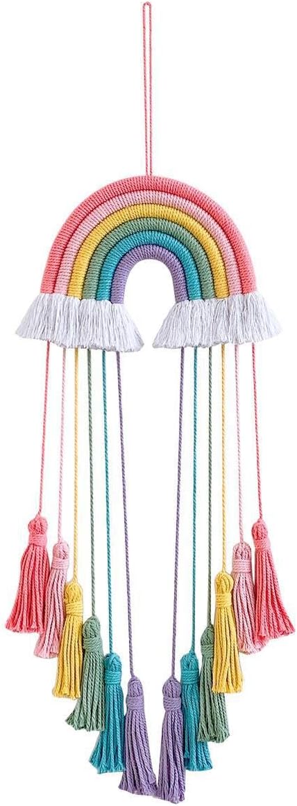 Hand-Woven Rainbow Dreamcatcher Rainbow Dreamcatcher Wall Hanging, Multicolor with Pink Tassels