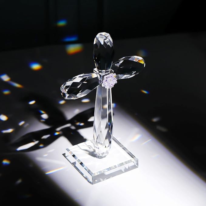 YWHL Crystal Standing Cross Decor, Religious Easter Gifts for Women Men, Handmade Glass Holy Cross Collectible Figurines for Home Decoration, Christmas Decoration for Pary