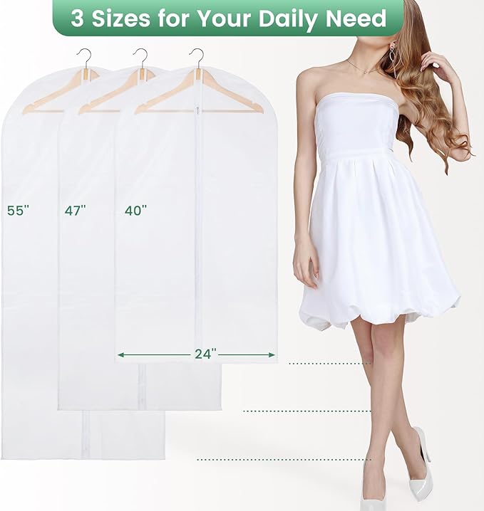 Translucent Garment Bags for Hanging Clothes - Frosted Clothes Storage Bags for Suits, Dresses, Closet Storage - 6 Pack