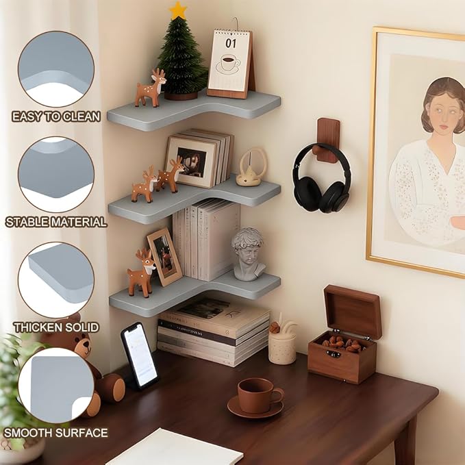 Floating Corner Shelves Set of 3, Solid Wood Picture Wall Shelf, Floating Shelves for Storage for Bedroom Kitchen Bathroom Living Room (Grey)