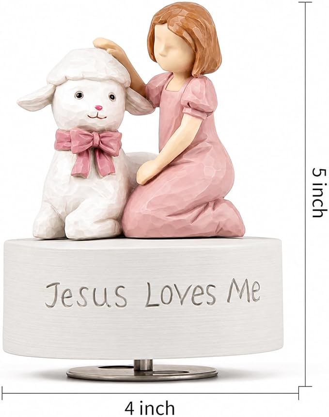 AIDLNS Jesus Loves Me Music Box, Christian Baptism Gift for Girls, Hand-Painted Lamb Figurine, Religious Keepsake for Christening, First Communion, Easter, Christmas, Granddaughter & Goddaughter Gift