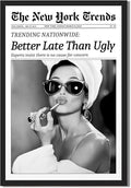 Framed Better Late Than Ugly Wall Decor Vintage Newspaper Wall Art Black and White Fashion Poster Audrey Hepburn Chic Decor New York Trends Glam Quote Canvas Print for Bedroom Bathroom Dorm 24x36inch