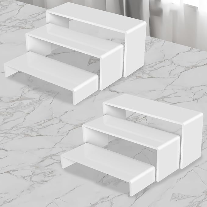 6 PCs Risers Display Stands 3 Tiers Desktop Acrylic Shelves Cake Dessert Holder Products Stand for Collectibles Shoes Jewels Pop Figure (White)