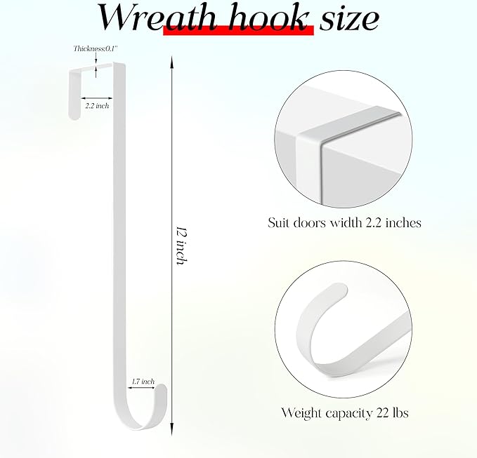 MCFULL 12 in Wreath Hangers for Front Door,Sturdy Metal Wreath Doors Hangers,Over The Door Hooks for Front Porch Decor,White Garland Hooks Holders for Halloween Christmas Decorations