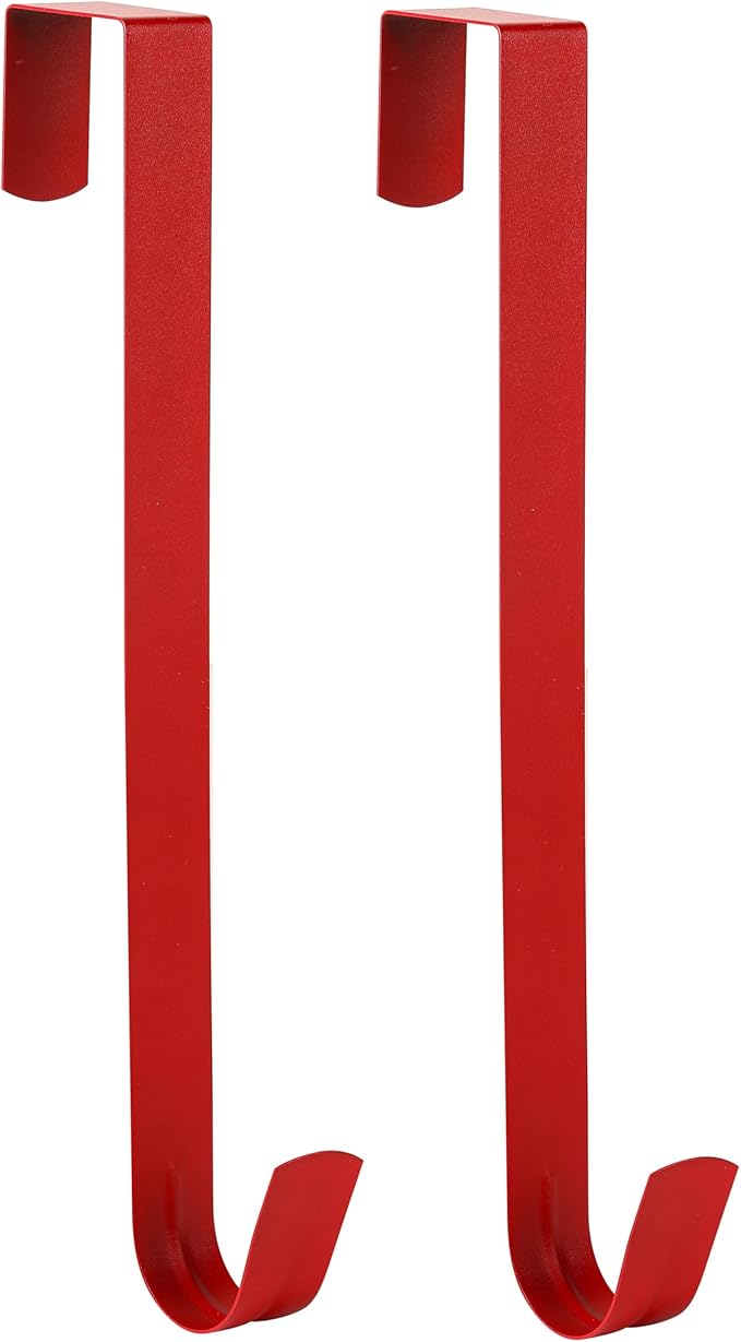 Wreath Hanger for Front Door, Slim Over The Door Hook, Easy to Use and Reusable Holiday Wreath Holder for Christmas, Thanksgiving, Halloween and Daily Décor (12" Red, 2)